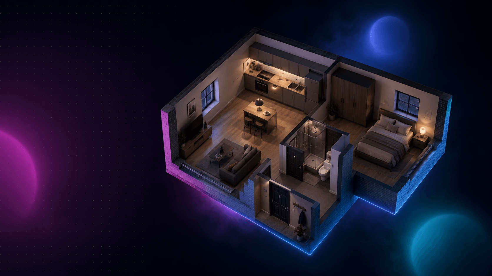 A cosmic isometric cutaway of a UK flat — bedroom, living, kitchen and bathroom visible — floating in deep navy space with soft indigo, fuchsia and cyan glow orbs